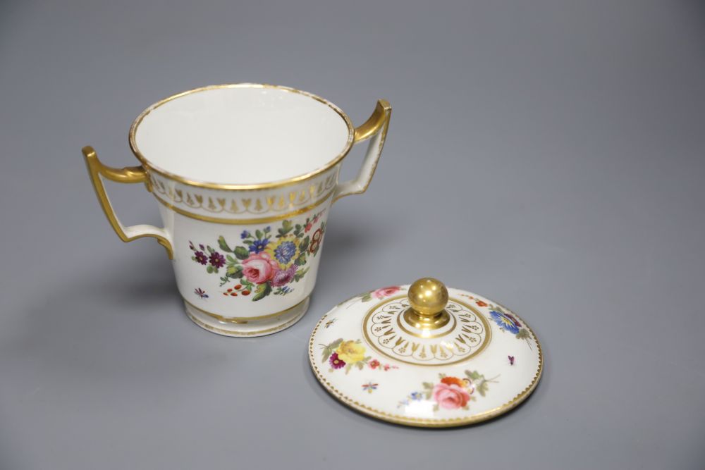 An English porcelain two handled cup and cover, early 19th century, possibly Coalport, painted in Billingsley style, height 12cm